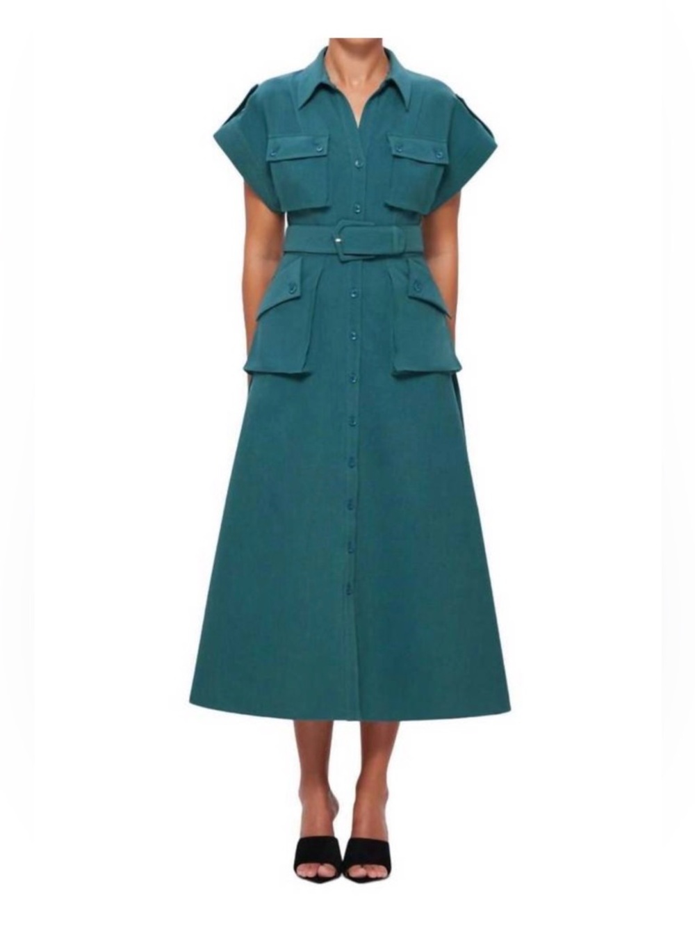 LEO LIN Audrey Teal Pocket Midi Shirt Dress Belted Women’s Sz 6